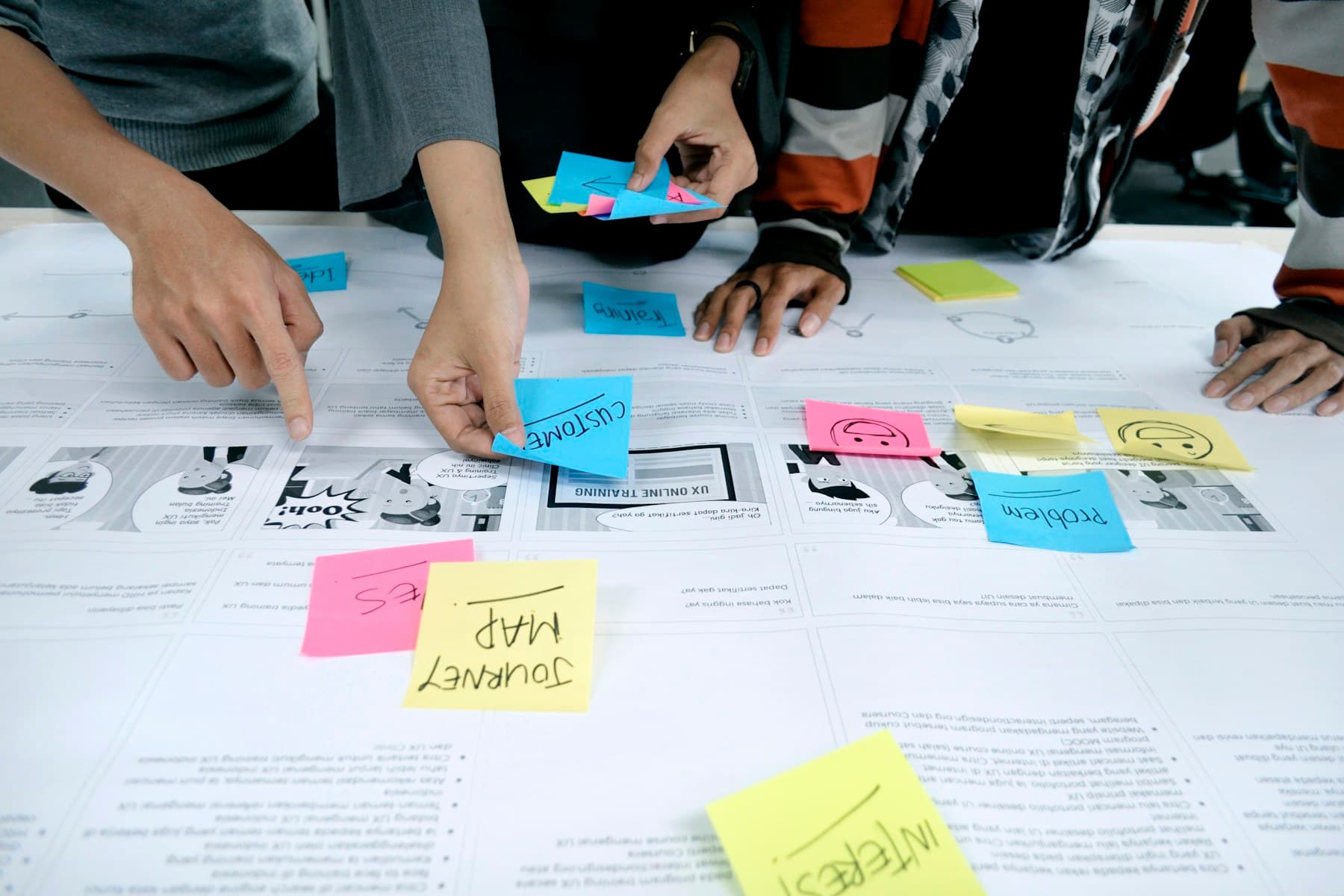 Team mapping market research findings with sticky notes on a table