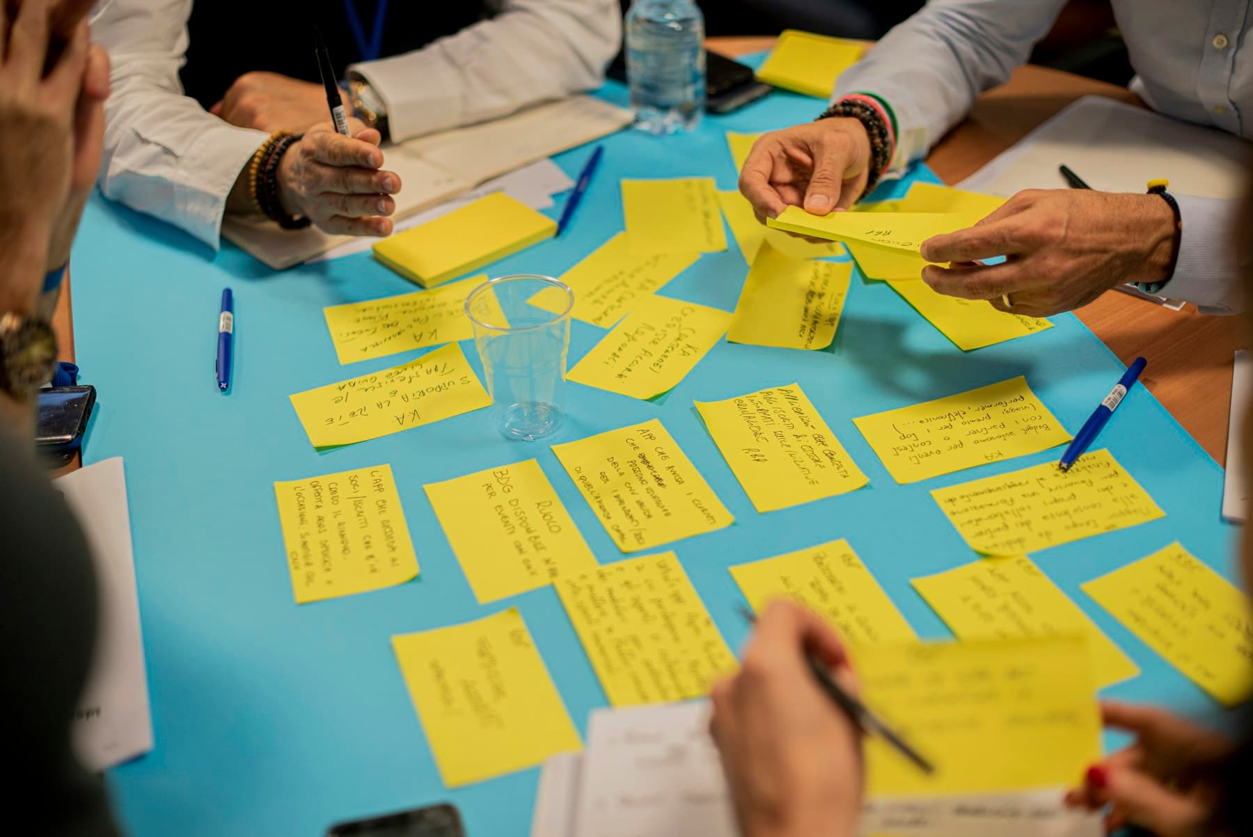 Research team sorting yellow sticky notes to group survey insights
